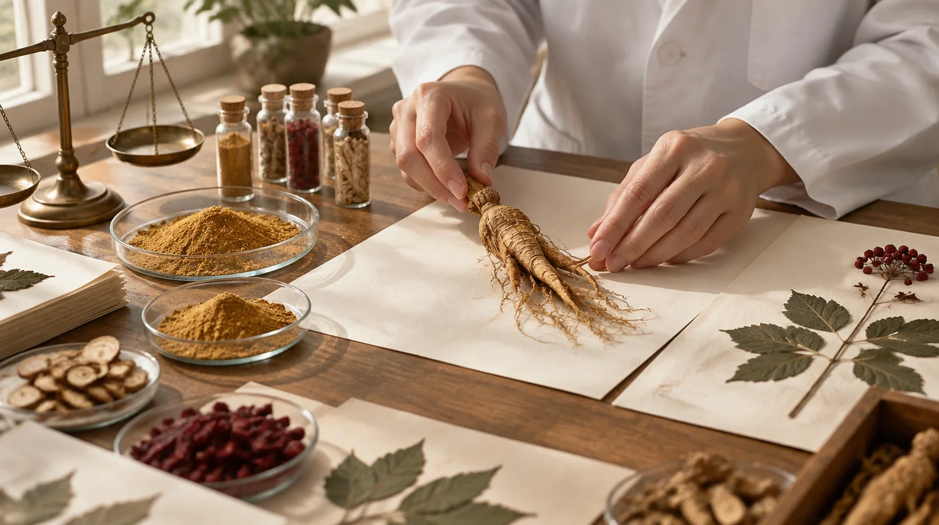 Scientist placing a notoginseng root on herbarium paper beside herbal powders