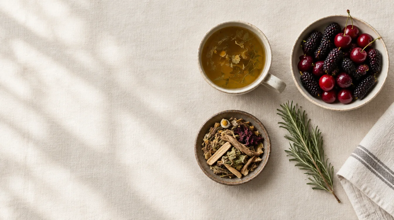 Morning ritual flat lay with herbal tea, berries and dried herbs on linen