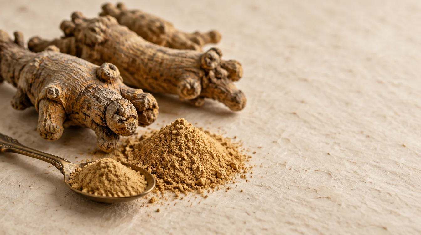 Dried Panax notoginseng roots and root powder with a brass spoon